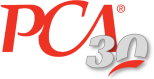 Logomarca PCA 30 anos, símbolo PCA em vermelho, fundo branco e número 30 em cinza escuro embaixo à direita.